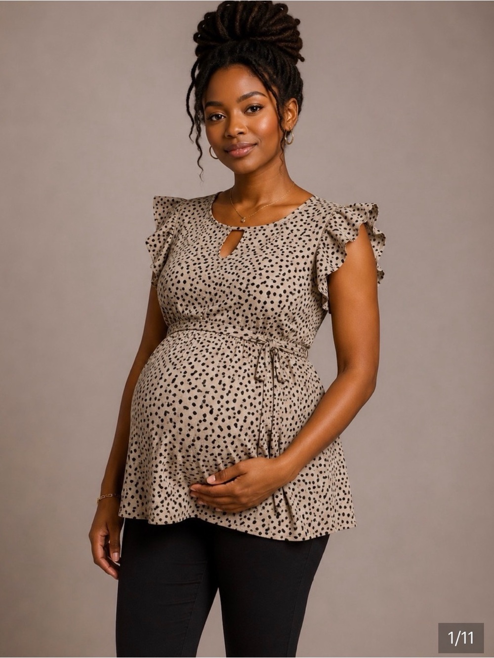 Maternity Ruffle Sleeve Tie-Waist Top in Beige Spot